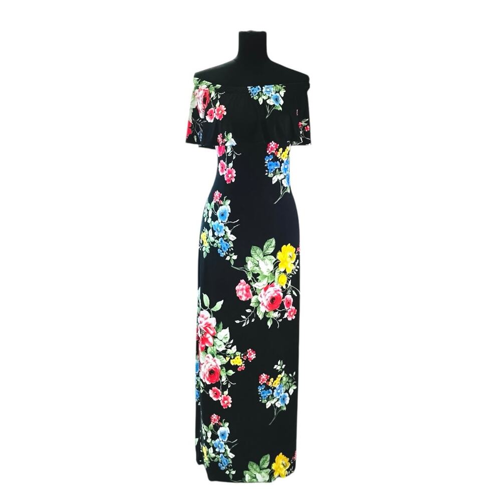 Janette Plus Black Floral Off Shoulder Maxi Dress Boho Size 2X